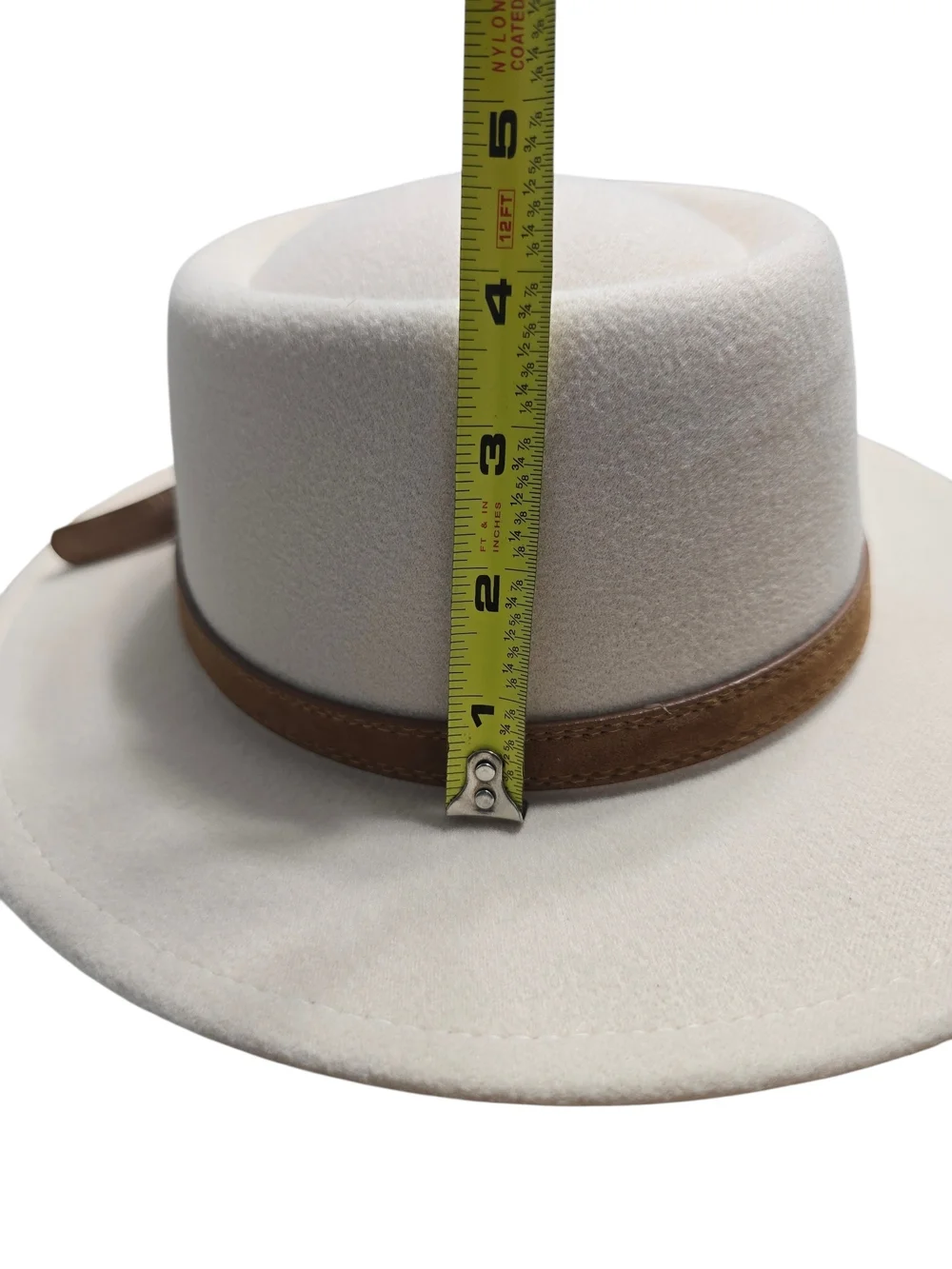 Wool Fedora Hat Womens Vintage Cream Felt Wide-Brim Hat with Brown Band